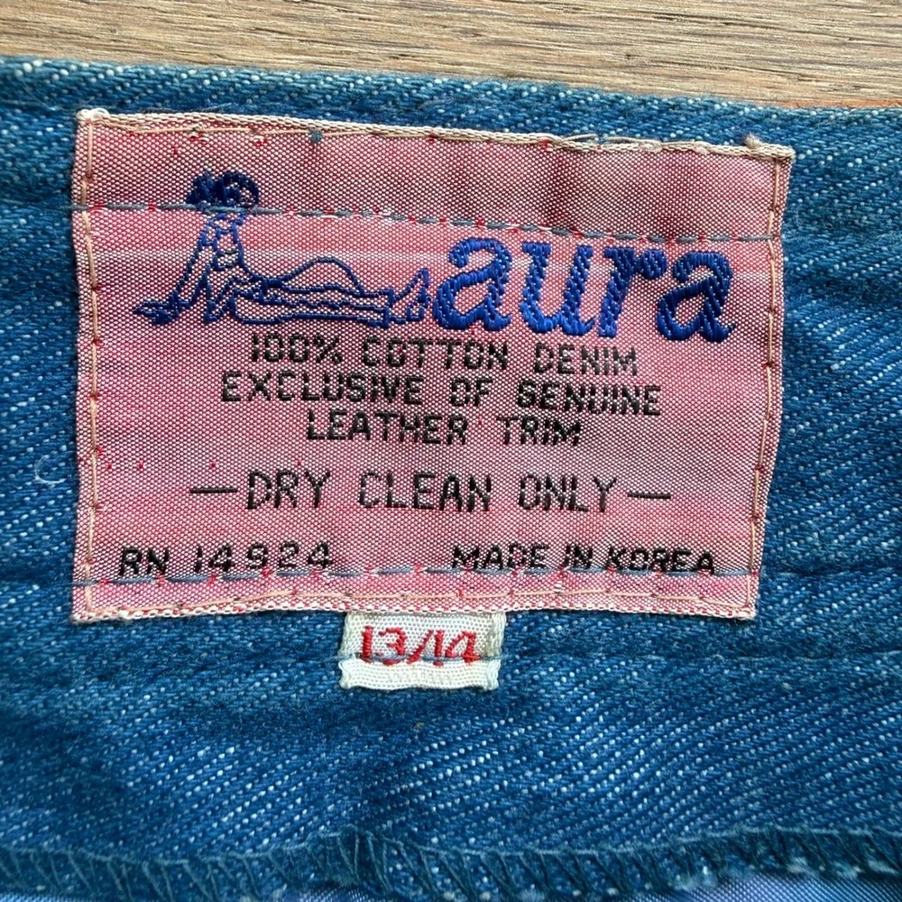 Vintage 70s Aura Denim Leather Patchwork 2 Piece Set Vest Flare Pants M 13/14 - Picture 5 of 12